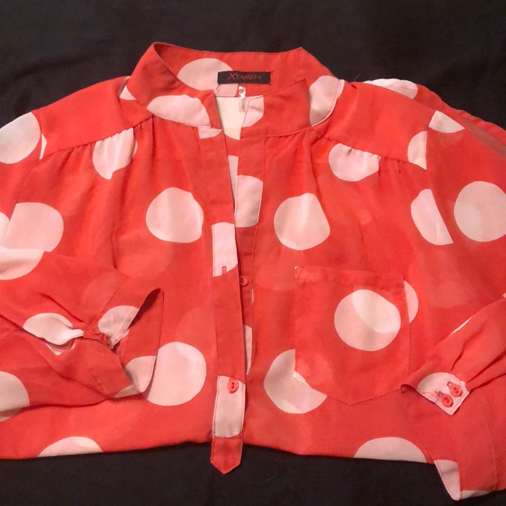Pink and white polka dot top